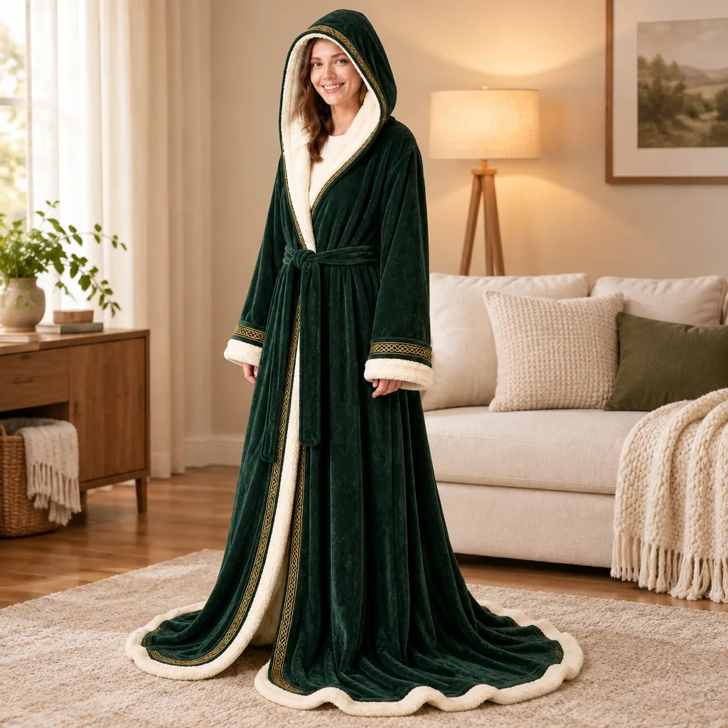 EverWarm emerald heated robe worn floor-length with cream sherpa trim