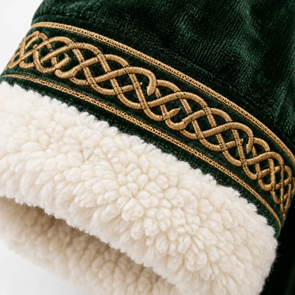 Close-up of emerald velvet, cream sherpa and gold woven trim