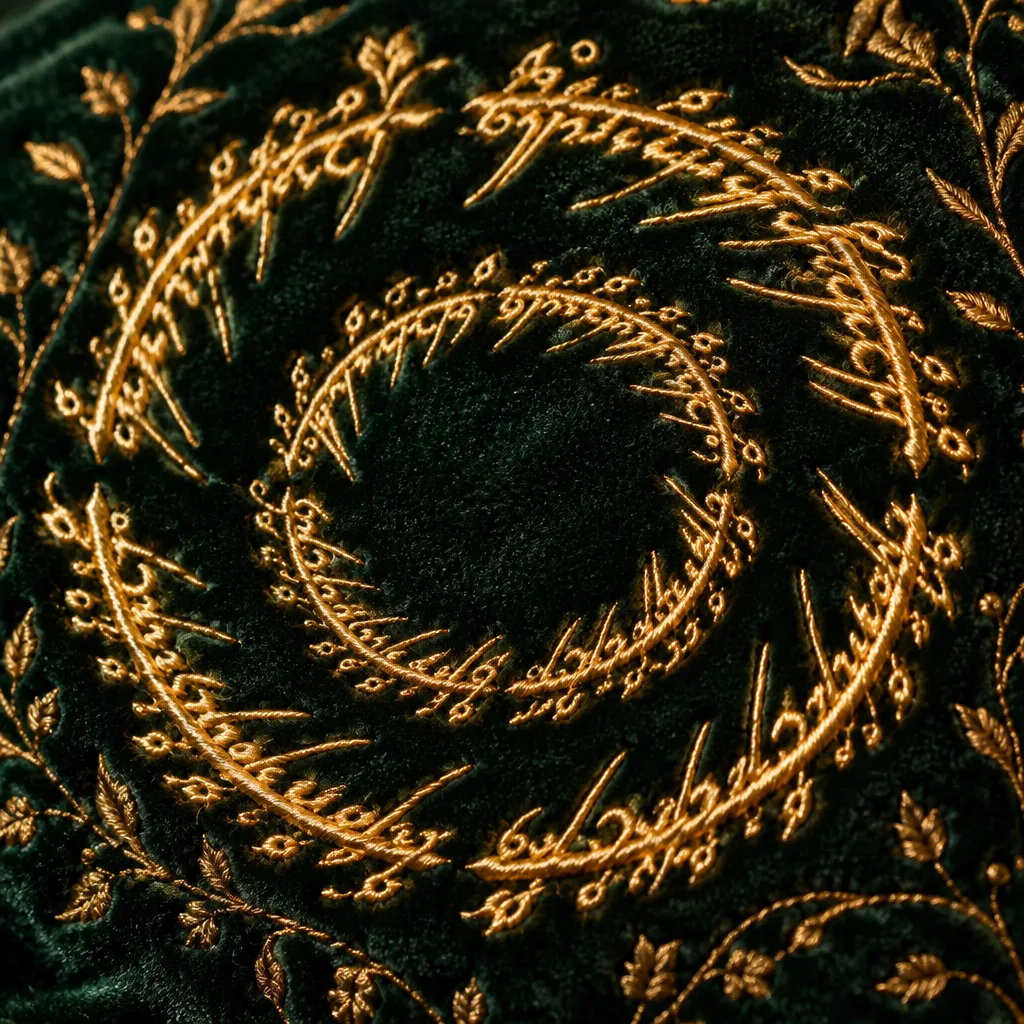 Gold fantasy-inspired embroidery on the emerald robe